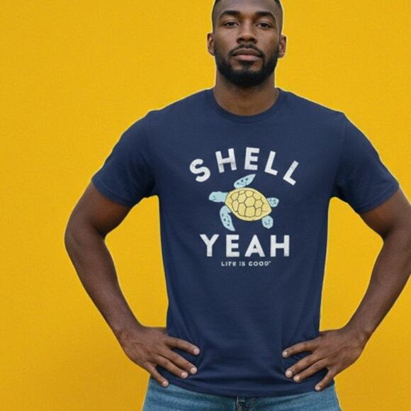 LIFE IS GOOD Crusher Tee Shell Yeah Turtle 100% Cotton T-shirt Darkest Blue - XL - Picture 1 of 6